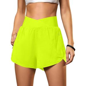 imageBlooming Jelly Womens Workout Shorts Athletic Running Shorts Crossover High Waisted Gym Shorts with Zipper Pockets 25quotNeon Green