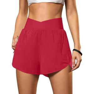 imageBlooming Jelly Womens Workout Shorts Athletic Running Shorts Crossover High Waisted Gym Shorts with Zipper Pockets 25quotRed