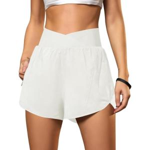 imageBlooming Jelly Womens Workout Shorts Athletic Running Shorts Crossover High Waisted Gym Shorts with Zipper Pockets 25quotWhite