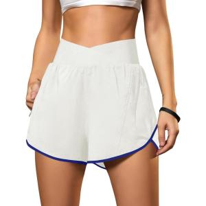 imageBlooming Jelly Womens Workout Shorts Athletic Running Shorts Crossover High Waisted Gym Shorts with Zipper Pockets 25quotWhite and Blue