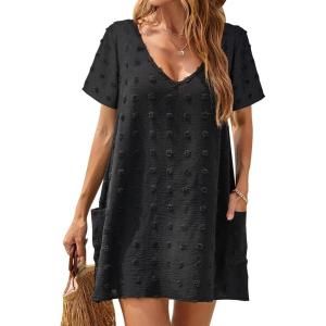 imageBlooming Jelly Womens Casual Sun Summer Dresses Swiss Polka Dot Beach Cover Up V Neck Tank Dress with PocketsBlack Short Sleeve