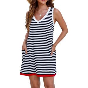 imageBlooming Jelly Womens Casual Sun Summer Dresses Swiss Polka Dot Beach Cover Up V Neck Tank Dress with PocketsBlack Striped