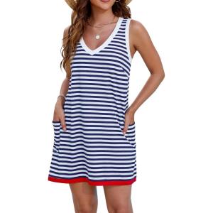 imageBlooming Jelly Womens Casual Sun Summer Dresses Swiss Polka Dot Beach Cover Up V Neck Tank Dress with PocketsNavy Blue Striped