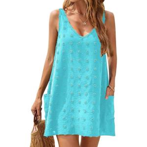 imageBlooming Jelly Womens Casual Sun Summer Dresses Swiss Polka Dot Beach Cover Up V Neck Tank Dress with PocketsNile Blue