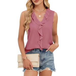 imageBlooming Jelly Womens Summer Tank Tops V Neck Ruffle Sleeveless Dressy Casual Blouse Loose Ladies Trendy Business Work ShirtFuchsia