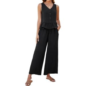 imageBlooming Jelly Womens Two Piece Sets Sleeveless Tank Top Summer Outfits Wide Leg Pants Set Jumpsuits with PocketsBlack