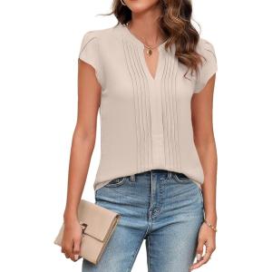 imageBlooming Jelly Womens Blouses Dressy Causal V Neck Pintuck Short Petal Sleeve Business Tops Ladies Summer Trendy Work ShirtApricot