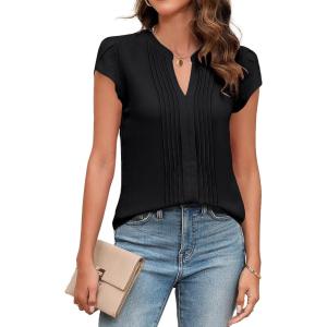imageBlooming Jelly Womens Blouses Dressy Causal V Neck Pintuck Short Petal Sleeve Business Tops Ladies Summer Trendy Work ShirtBlack