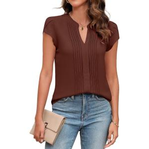 imageBlooming Jelly Womens Blouses Dressy Causal V Neck Pintuck Short Petal Sleeve Business Tops Ladies Summer Trendy Work ShirtBrown