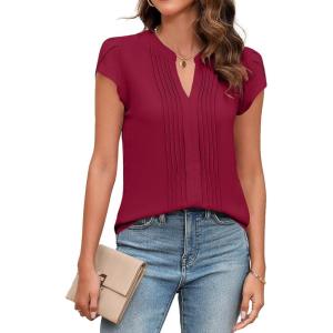 imageBlooming Jelly Womens Blouses Dressy Causal V Neck Pintuck Short Petal Sleeve Business Tops Ladies Summer Trendy Work ShirtCrimson
