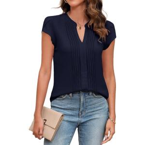 imageBlooming Jelly Womens Blouses Dressy Causal V Neck Pintuck Short Petal Sleeve Business Tops Ladies Summer Trendy Work ShirtNavy Blue