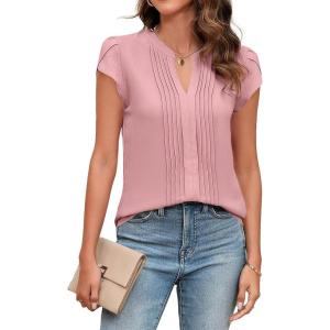 imageBlooming Jelly Womens Blouses Dressy Causal V Neck Pintuck Short Petal Sleeve Business Tops Ladies Summer Trendy Work ShirtPink
