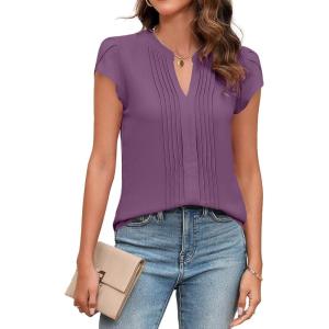 imageBlooming Jelly Womens Blouses Dressy Causal V Neck Pintuck Short Petal Sleeve Business Tops Ladies Summer Trendy Work ShirtPurple