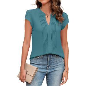 imageBlooming Jelly Womens Blouses Dressy Causal V Neck Pintuck Short Petal Sleeve Business Tops Ladies Summer Trendy Work ShirtTeal