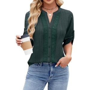 imageBlooming Jelly Womens Button Down Shirts Lace Crochet Dressy Casual Tops 34 Sleeve Work Summer Outfits 2025Army Green