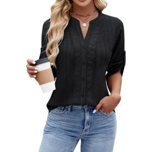 imageBlooming Jelly Womens Button Down Shirts Lace Crochet Dressy Casual Tops 34 Sleeve Work Summer Outfits 2025Black