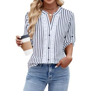 imageBlooming Jelly Womens Button Down Shirts Lace Crochet Dressy Casual Tops 34 Sleeve Work Summer Outfits 2025Black Striped
