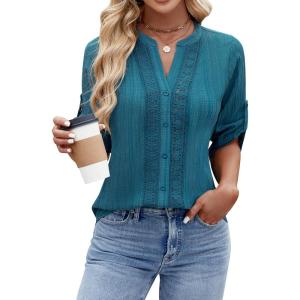 imageBlooming Jelly Womens Button Down Shirts Lace Crochet Dressy Casual Tops 34 Sleeve Work Summer Outfits 2025Blue Green