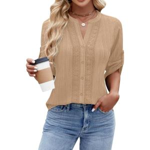 imageBlooming Jelly Womens Button Down Shirts Lace Crochet Dressy Casual Tops 34 Sleeve Work Summer Outfits 2025Dark Apricot