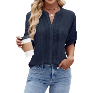 imageBlooming Jelly Womens Button Down Shirts Lace Crochet Dressy Casual Tops 34 Sleeve Work Summer Outfits 2025Dark Blue