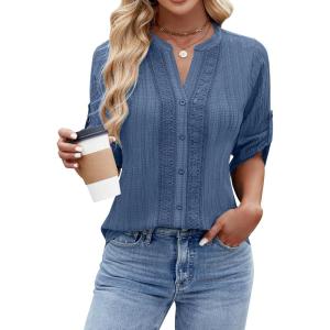 imageBlooming Jelly Womens Button Down Shirts Lace Crochet Dressy Casual Tops 34 Sleeve Work Summer Outfits 2025Grey Blue
