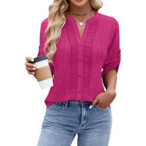 imageBlooming Jelly Womens Button Down Shirts Lace Crochet Dressy Casual Tops 34 Sleeve Work Summer Outfits 2025Hot Pink