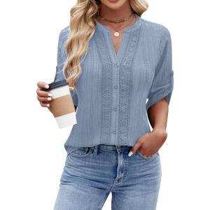 imageBlooming Jelly Womens Button Down Shirts Lace Crochet Dressy Casual Tops 34 Sleeve Work Summer Outfits 2025Light Blue