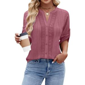 imageBlooming Jelly Womens Button Down Shirts Lace Crochet Dressy Casual Tops 34 Sleeve Work Summer Outfits 2025Pink
