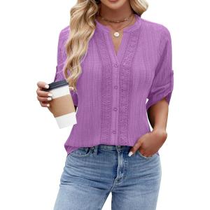 imageBlooming Jelly Womens Button Down Shirts Lace Crochet Dressy Casual Tops 34 Sleeve Work Summer Outfits 2025Purple