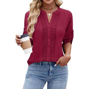 imageBlooming Jelly Womens Button Down Shirts Lace Crochet Dressy Casual Tops 34 Sleeve Work Summer Outfits 2025Red