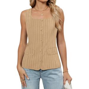 imageBlooming Jelly Womens Button Down Tank Tops Sleeveless Dressy Vest Business Casual Striped Outfits Summer Trendy 2025Flaxen