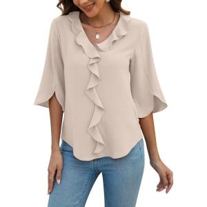 imageBlooming Jelly Womens Dressy Casual Blouses 34 Sleeve V Neck Ruffle Tops Business Ladies Summer 2025 Trendy Work ShirtApricot