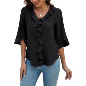 imageBlooming Jelly Womens Dressy Casual Blouses 34 Sleeve V Neck Ruffle Tops Business Ladies Summer 2025 Trendy Work ShirtBlack
