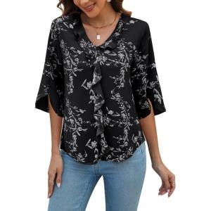 imageBlooming Jelly Womens Dressy Casual Blouses 34 Sleeve V Neck Ruffle Tops Business Ladies Summer 2025 Trendy Work ShirtBlack Floral