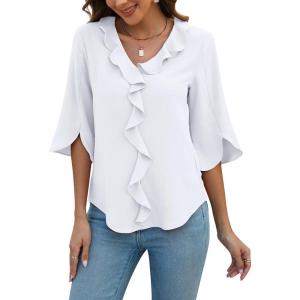 imageBlooming Jelly Womens Dressy Casual Blouses 34 Sleeve V Neck Ruffle Tops Business Ladies Summer 2025 Trendy Work ShirtIvory White