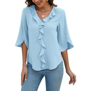 imageBlooming Jelly Womens Dressy Casual Blouses 34 Sleeve V Neck Ruffle Tops Business Ladies Summer 2025 Trendy Work ShirtLight Blue