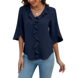 imageBlooming Jelly Womens Dressy Casual Blouses 34 Sleeve V Neck Ruffle Tops Business Ladies Summer 2025 Trendy Work ShirtNavy Blue