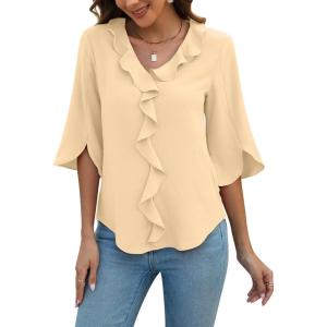 imageBlooming Jelly Womens Dressy Casual Blouses 34 Sleeve V Neck Ruffle Tops Business Ladies Summer 2025 Trendy Work ShirtPale Yellow