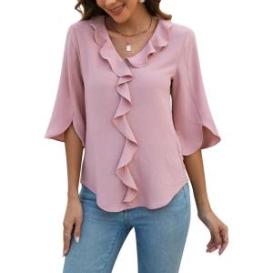 imageBlooming Jelly Womens Dressy Casual Blouses 34 Sleeve V Neck Ruffle Tops Business Ladies Summer 2025 Trendy Work ShirtPink