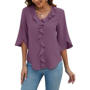 imageBlooming Jelly Womens Dressy Casual Blouses 34 Sleeve V Neck Ruffle Tops Business Ladies Summer 2025 Trendy Work ShirtPurple