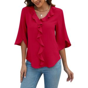 imageBlooming Jelly Womens Dressy Casual Blouses 34 Sleeve V Neck Ruffle Tops Business Ladies Summer 2025 Trendy Work ShirtRed