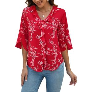 imageBlooming Jelly Womens Dressy Casual Blouses 34 Sleeve V Neck Ruffle Tops Business Ladies Summer 2025 Trendy Work ShirtRed Floral