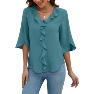 imageBlooming Jelly Womens Dressy Casual Blouses 34 Sleeve V Neck Ruffle Tops Business Ladies Summer 2025 Trendy Work ShirtTeal