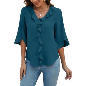 imageBlooming Jelly Womens Dressy Casual Blouses 34 Sleeve V Neck Ruffle Tops Business Ladies Summer 2025 Trendy Work ShirtTeal Blue