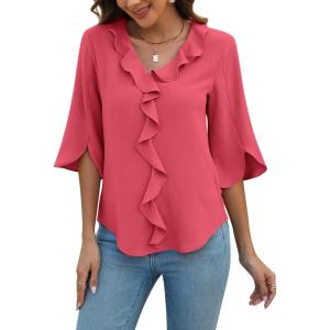 imageBlooming Jelly Womens Dressy Casual Blouses 34 Sleeve V Neck Ruffle Tops Business Ladies Summer 2025 Trendy Work ShirtWatermelon