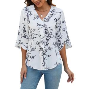 imageBlooming Jelly Womens Dressy Casual Blouses 34 Sleeve V Neck Ruffle Tops Business Ladies Summer 2025 Trendy Work ShirtWhite Floral