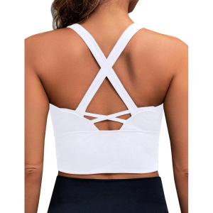 imageBlooming Jelly Womens Longline Sports Bra Crop Tank Medium Support Workout Tops Yoga Padded Running CamisoleWhite