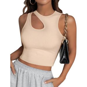imageBlooming Jelly Womens Ribbed Cropped Tank Tops Sexy Casual High Neck Cut Out Y2k Sleeveless Tops Summer ClothesBeige