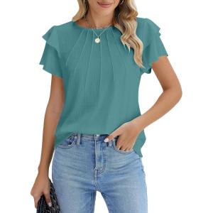 imageBlooming Jelly Women Dressy Casual Tops Business Work Blouses Summer Shirts Short Sleeve Crew Neck Outfits 2025Turquoise