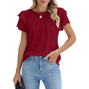 imageBlooming Jelly Women Dressy Casual Tops Business Work Blouses Summer Shirts Short Sleeve Crew Neck Outfits 2025Wine Red